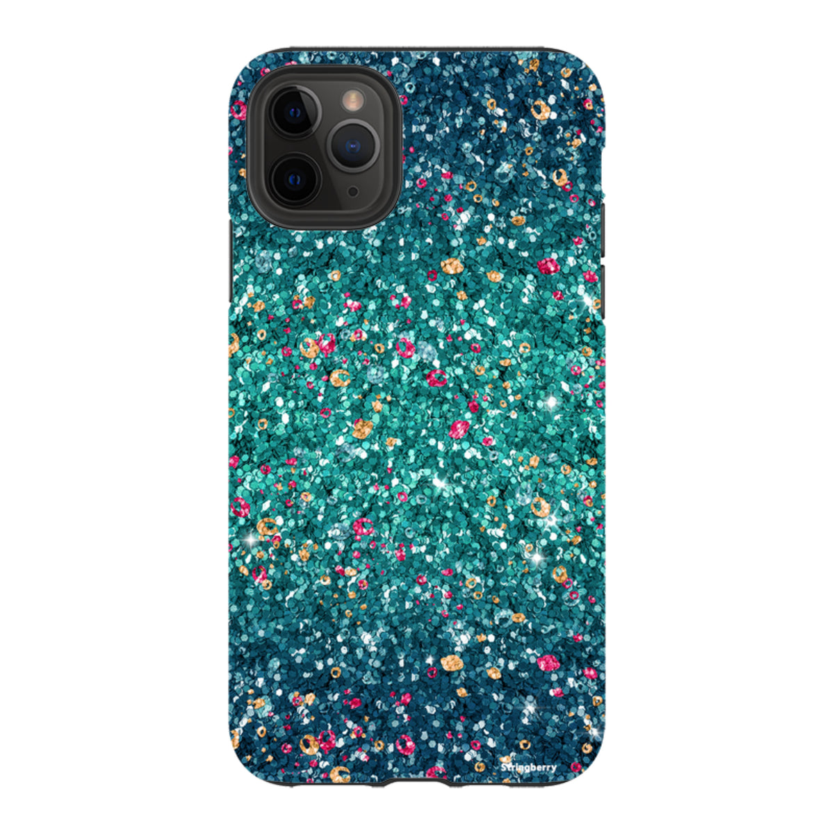 Dual-layer iPhone tough case with a printed teal and pink faux-glitter butterfly comet design on a smooth finish.