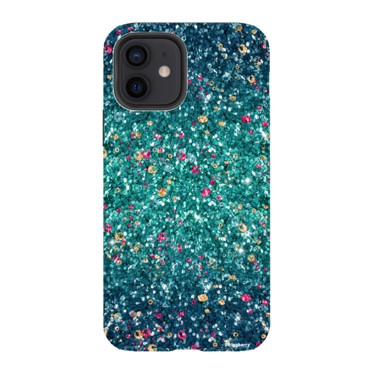 iPhone tough case with a teal and blue butterfly comet print featuring a non-glitter, high-definition dual-layer design.