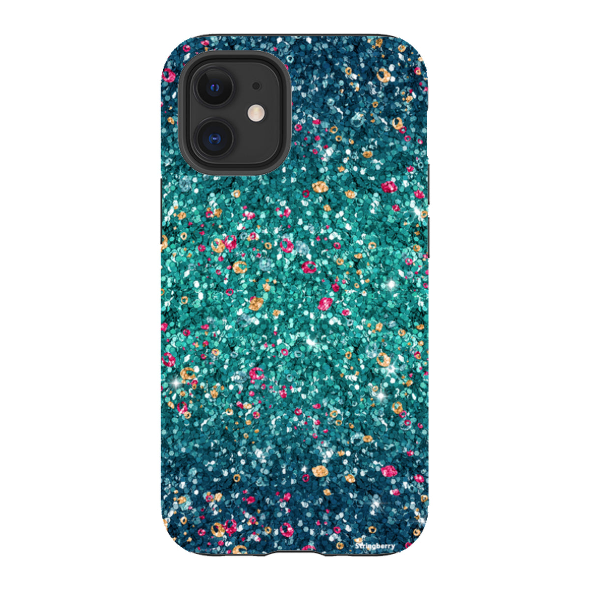 Dual-layer iPhone tough case featuring a teal and multicolored printed butterfly comet design with a smooth finish.