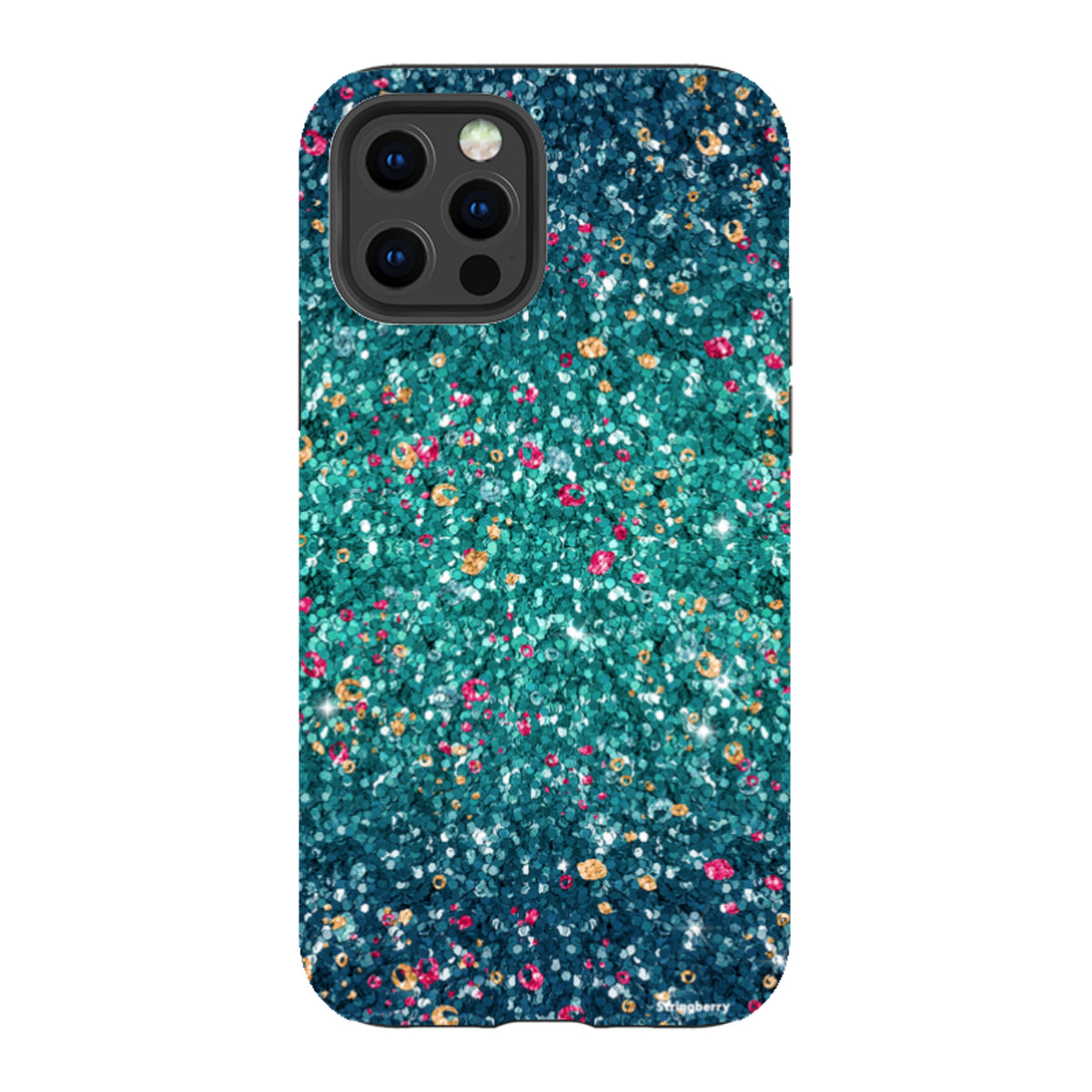 iPhone tough case with Butterfly Comet print featuring teal, blue, and pink glitter-effect design on a dual-layer shell.