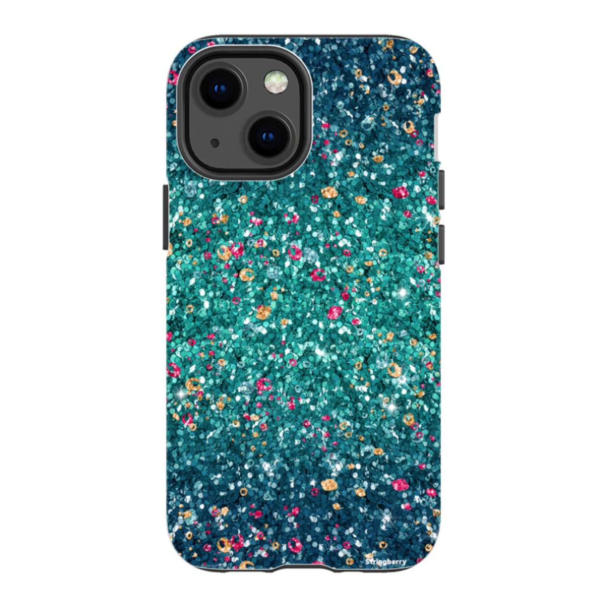 Dual-layer iPhone tough case with a teal and pink butterfly comet print featuring a smooth, non-glitter finish.