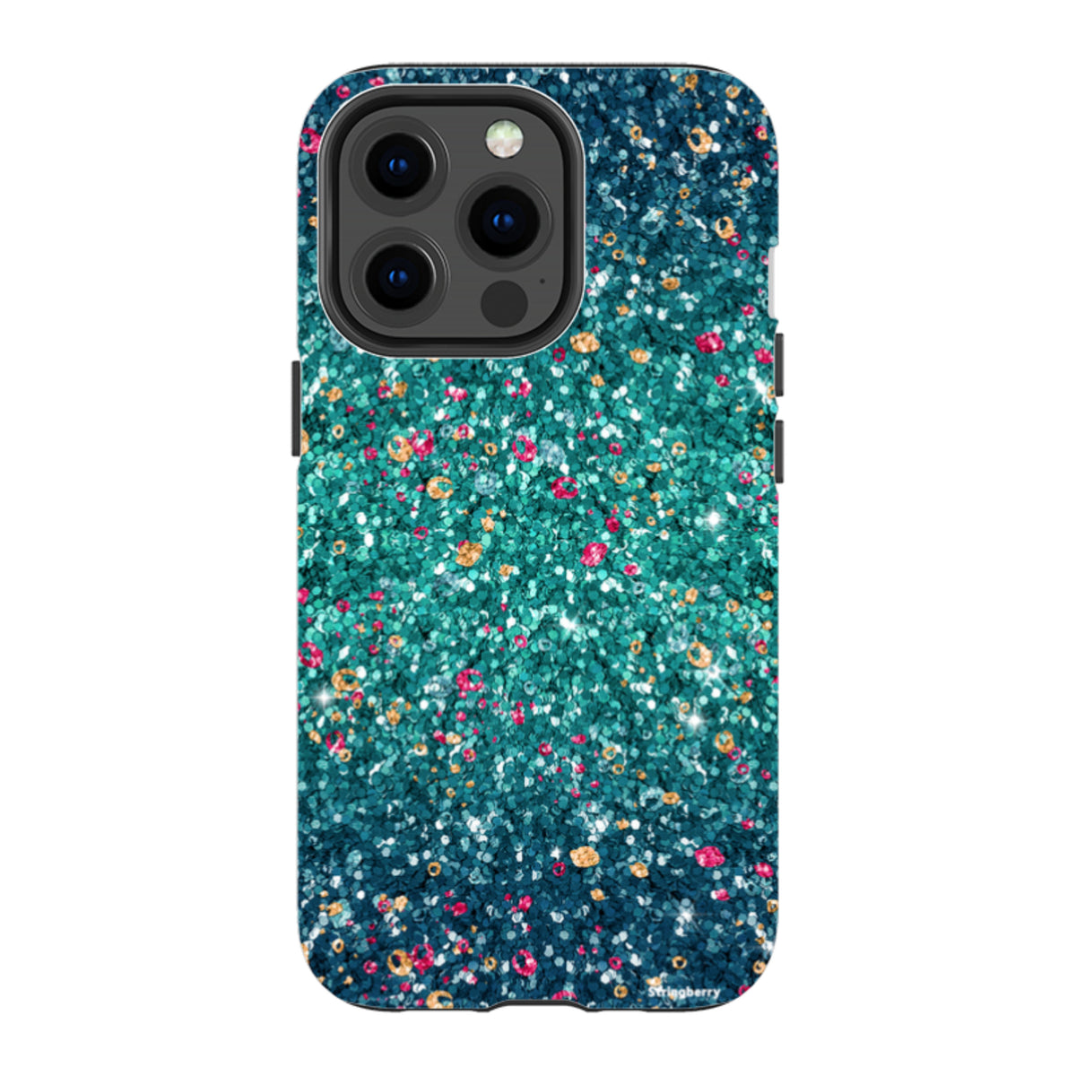 Dual-layer iPhone tough case with a teal and multicolored printed butterfly comet pattern and protective raised edges.