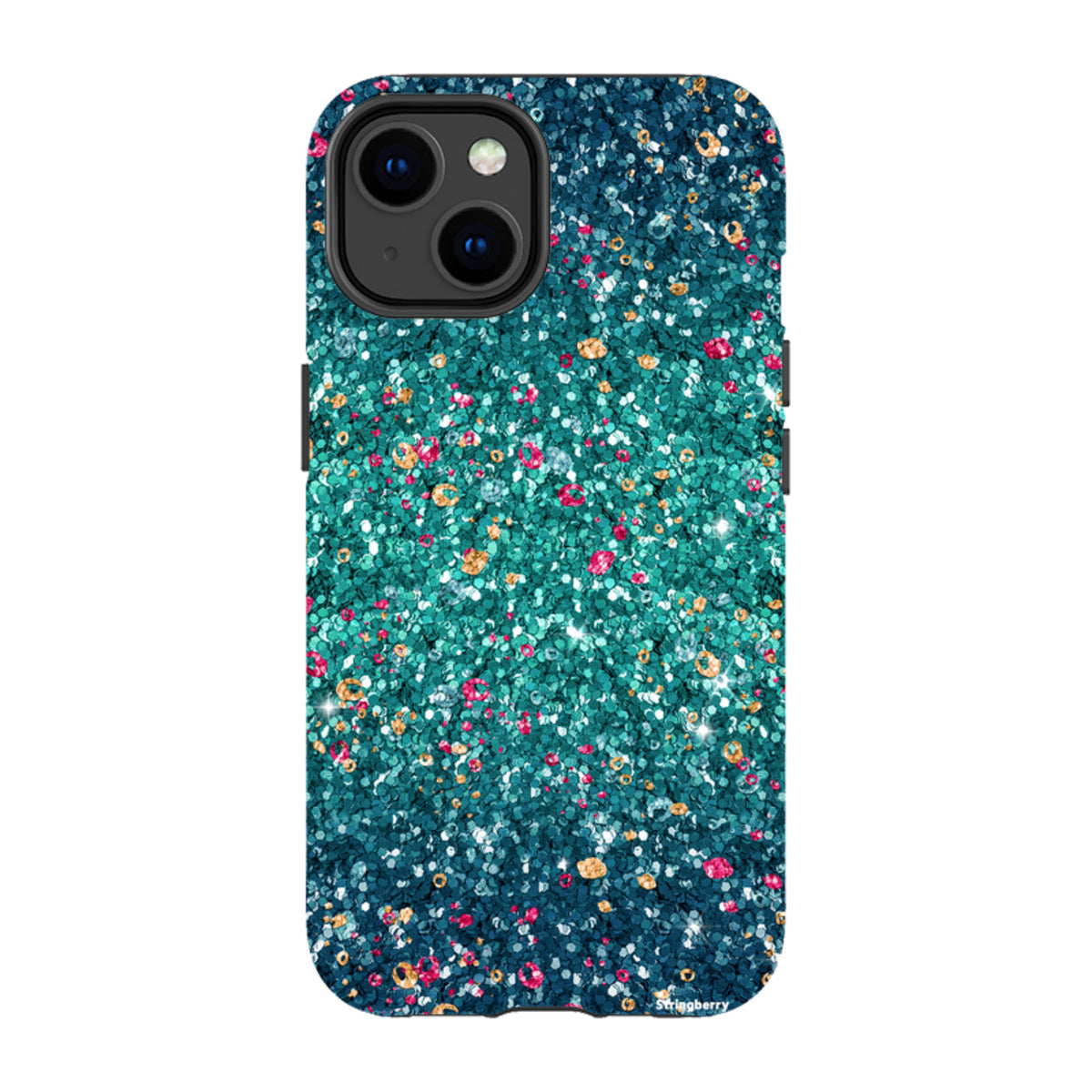 Dual-layer iPhone tough case with a teal and multicolored printed butterfly comet design, featuring a smooth finish.