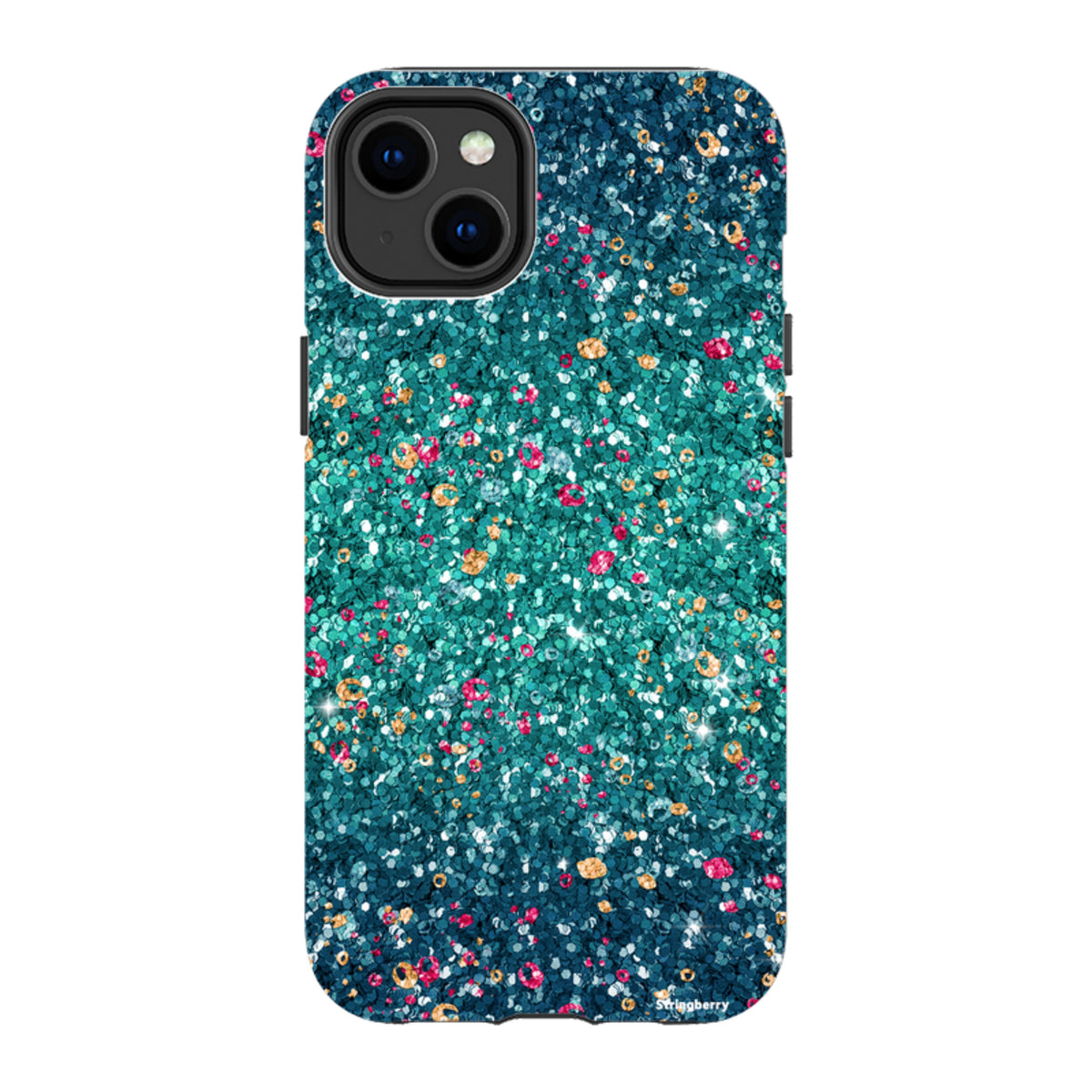 Dual-layer iPhone tough case featuring a teal and blue butterfly comet print with non-glittering confetti texture.
