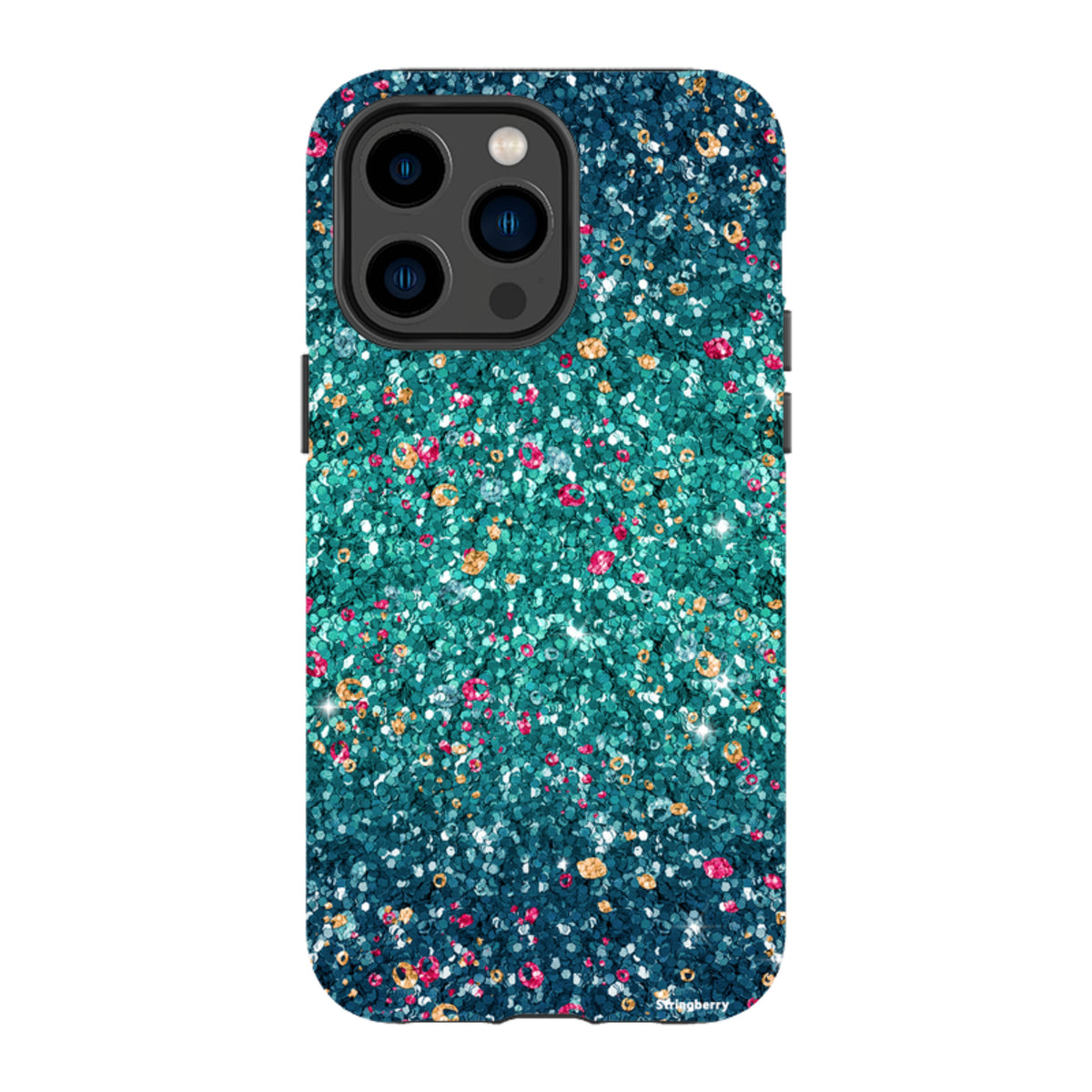 iPhone tough case with a teal and blue butterfly comet print featuring a non-glitter, high-definition textured design.