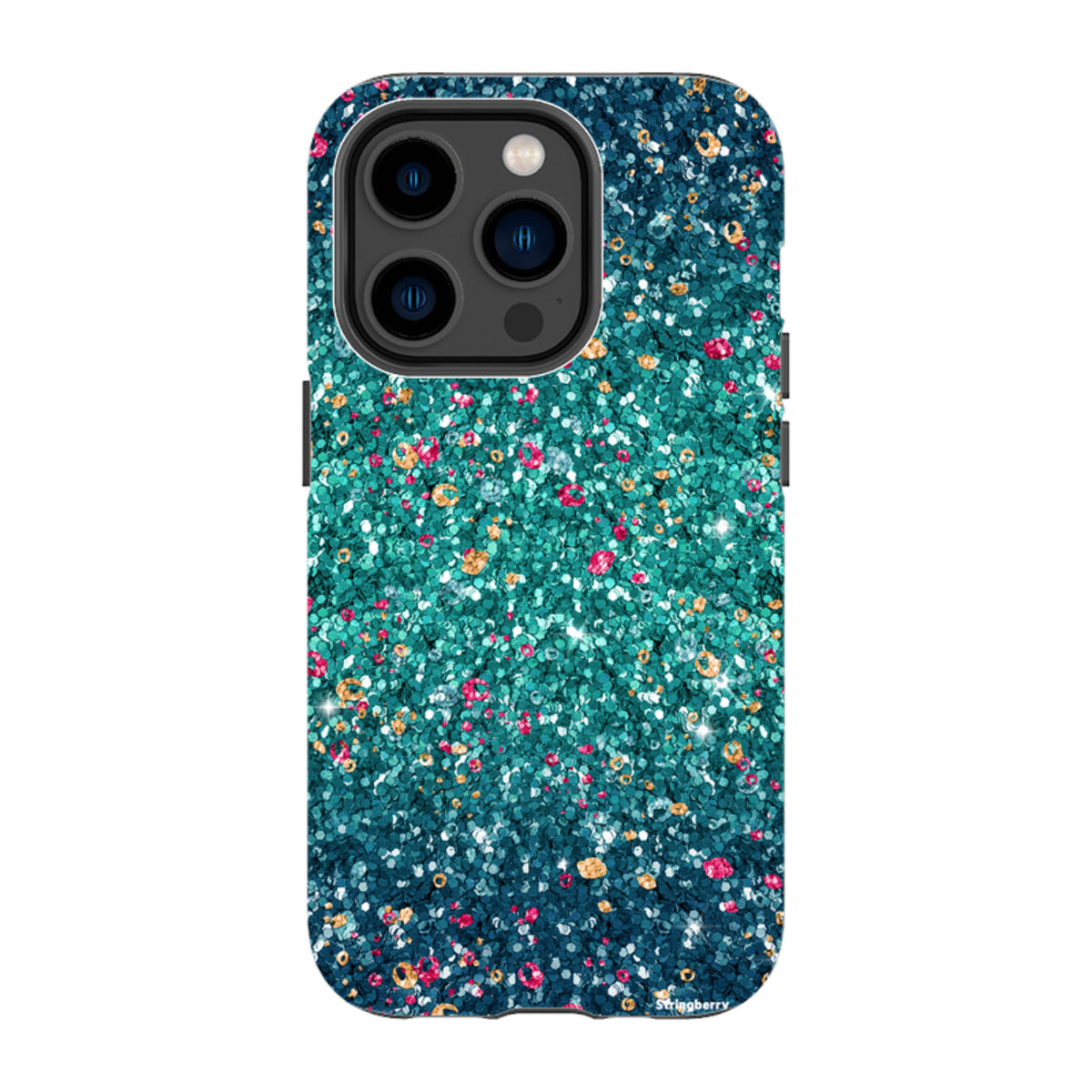 iPhone tough case with a teal and blue butterfly comet print featuring a non-glitter, high-definition textured design.