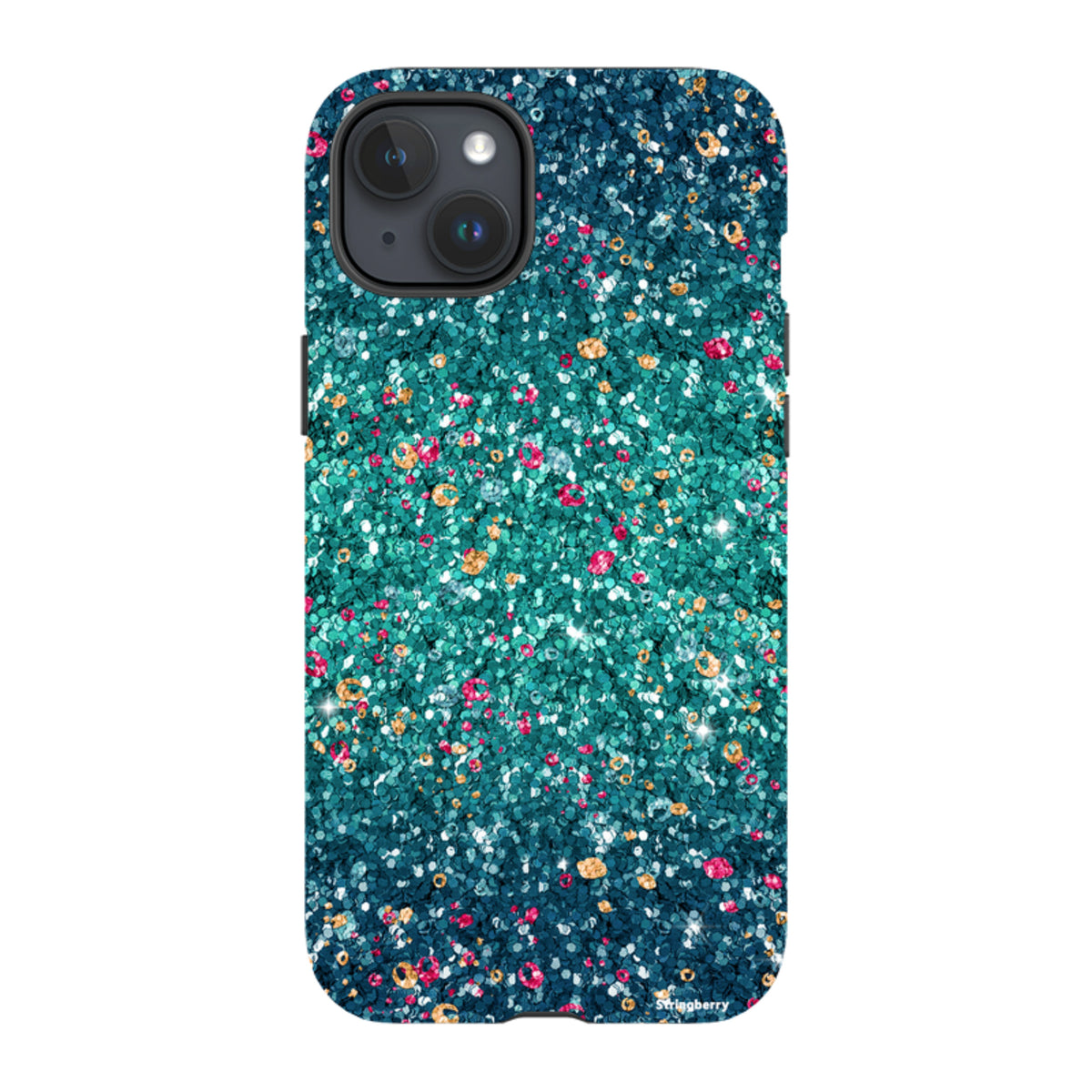 iPhone tough case with a teal and blue butterfly comet print featuring a non-glitter, high-definition textured design.