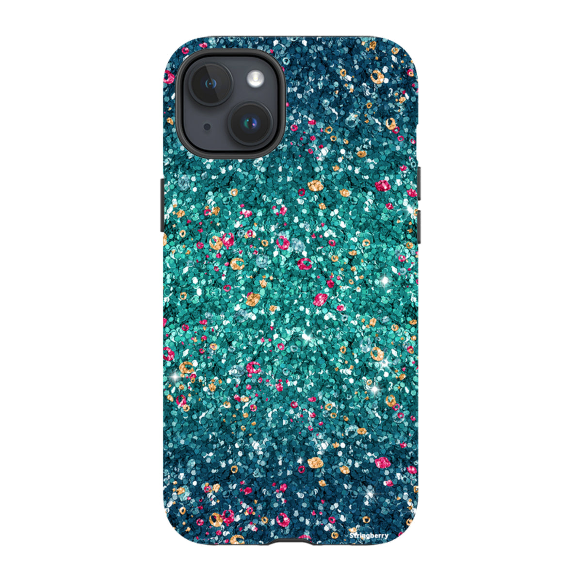 Dual-layer iPhone tough case with a teal, pink, and gold butterfly comet print on a smooth, non-glitter finish.