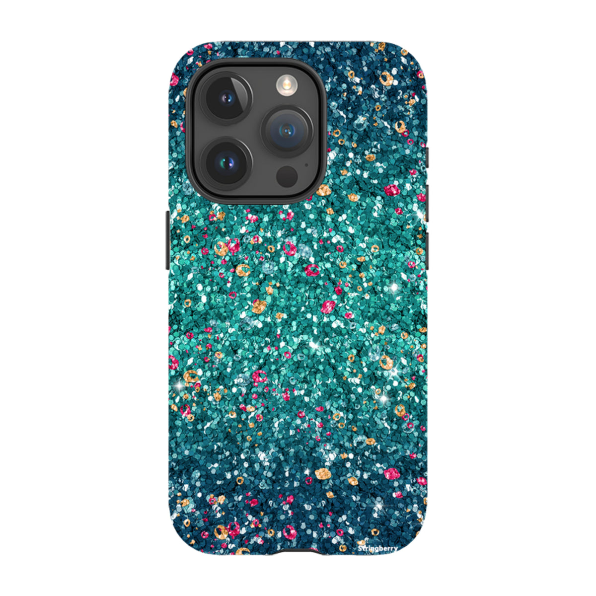 Dual-layer iPhone tough case featuring a teal and pink butterfly comet print with a smooth, non-glitter finish.
