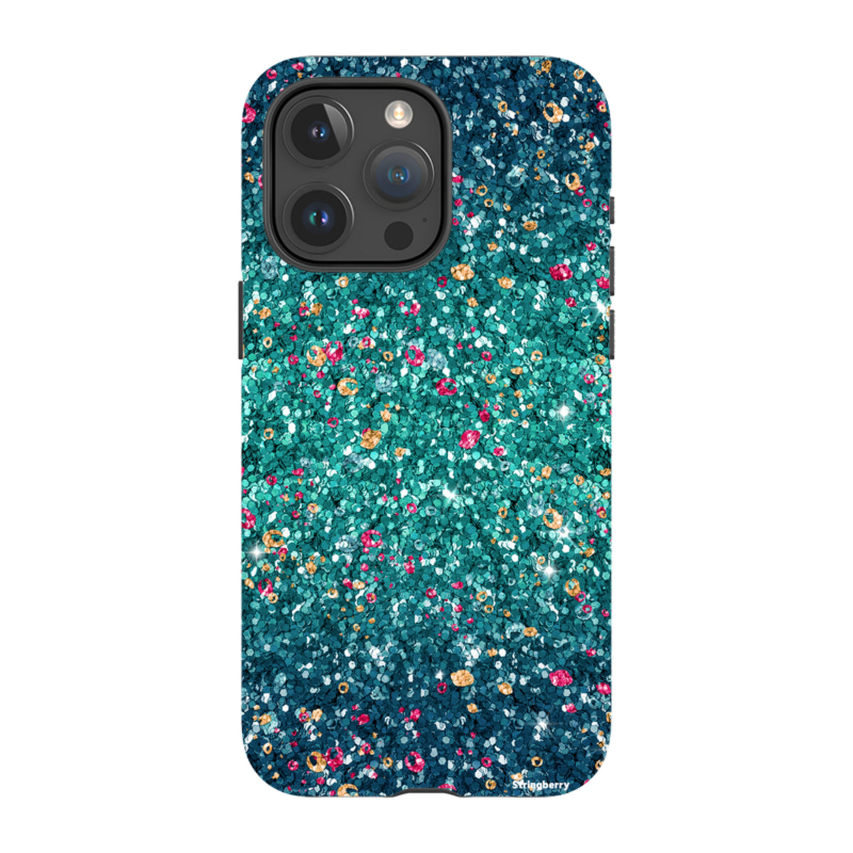 iPhone tough case with a teal and blue butterfly comet print featuring a non-glitter textured design.
