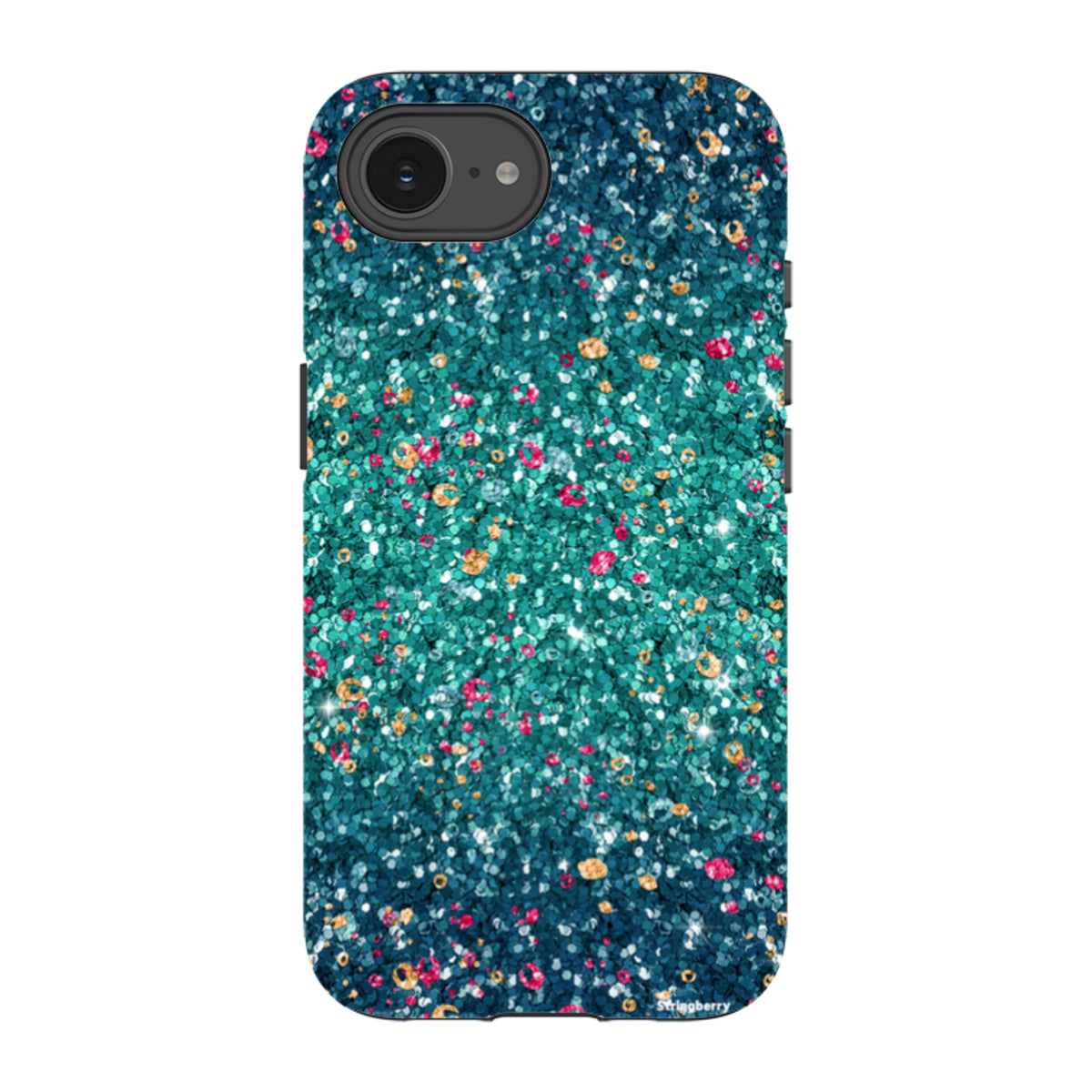 Dual-layer iPhone tough case with a teal butterfly comet print featuring a smooth, non-glitter finish and raised edges.