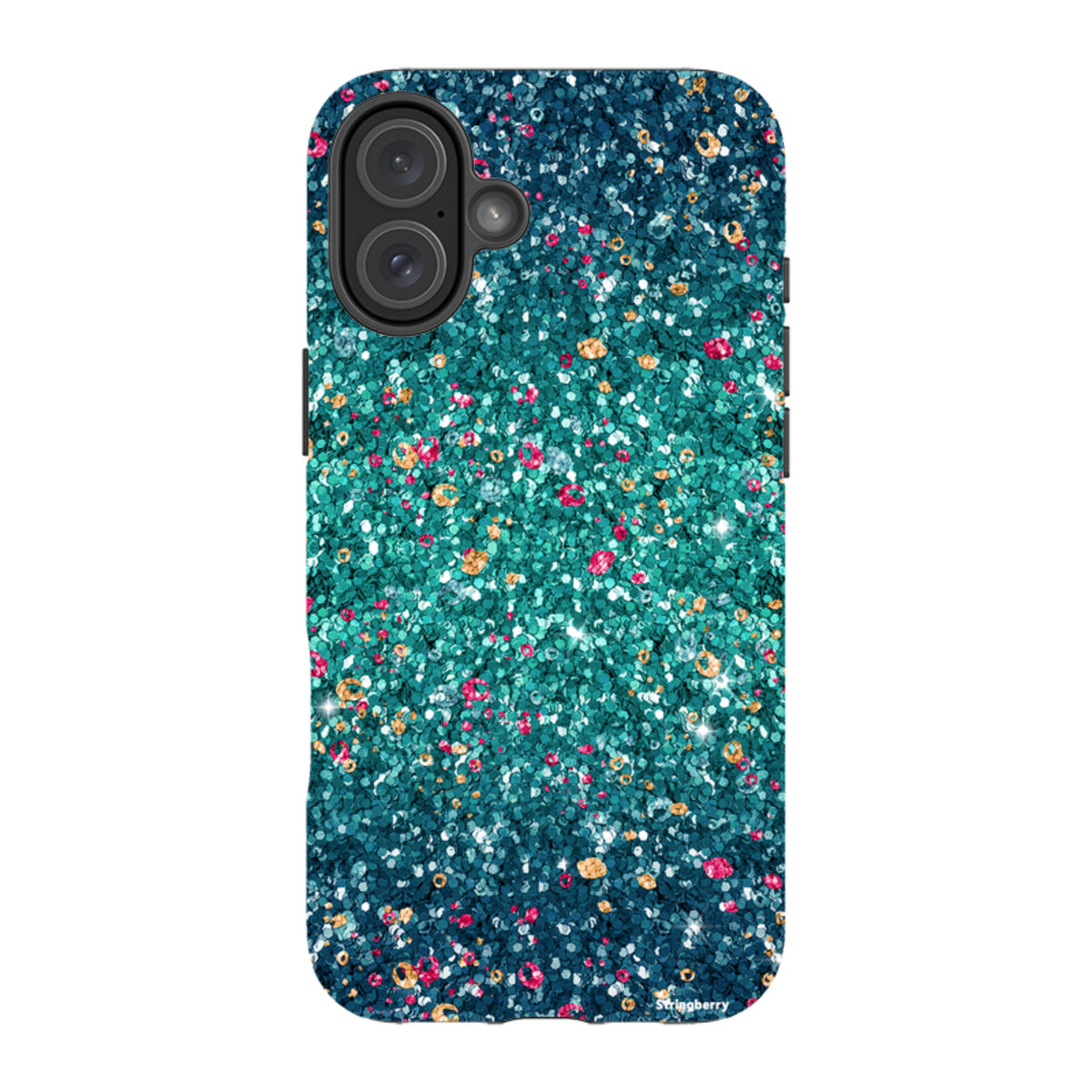 Dual-layer iPhone tough case featuring a teal and multicolored printed butterfly comet design with a smooth finish.
