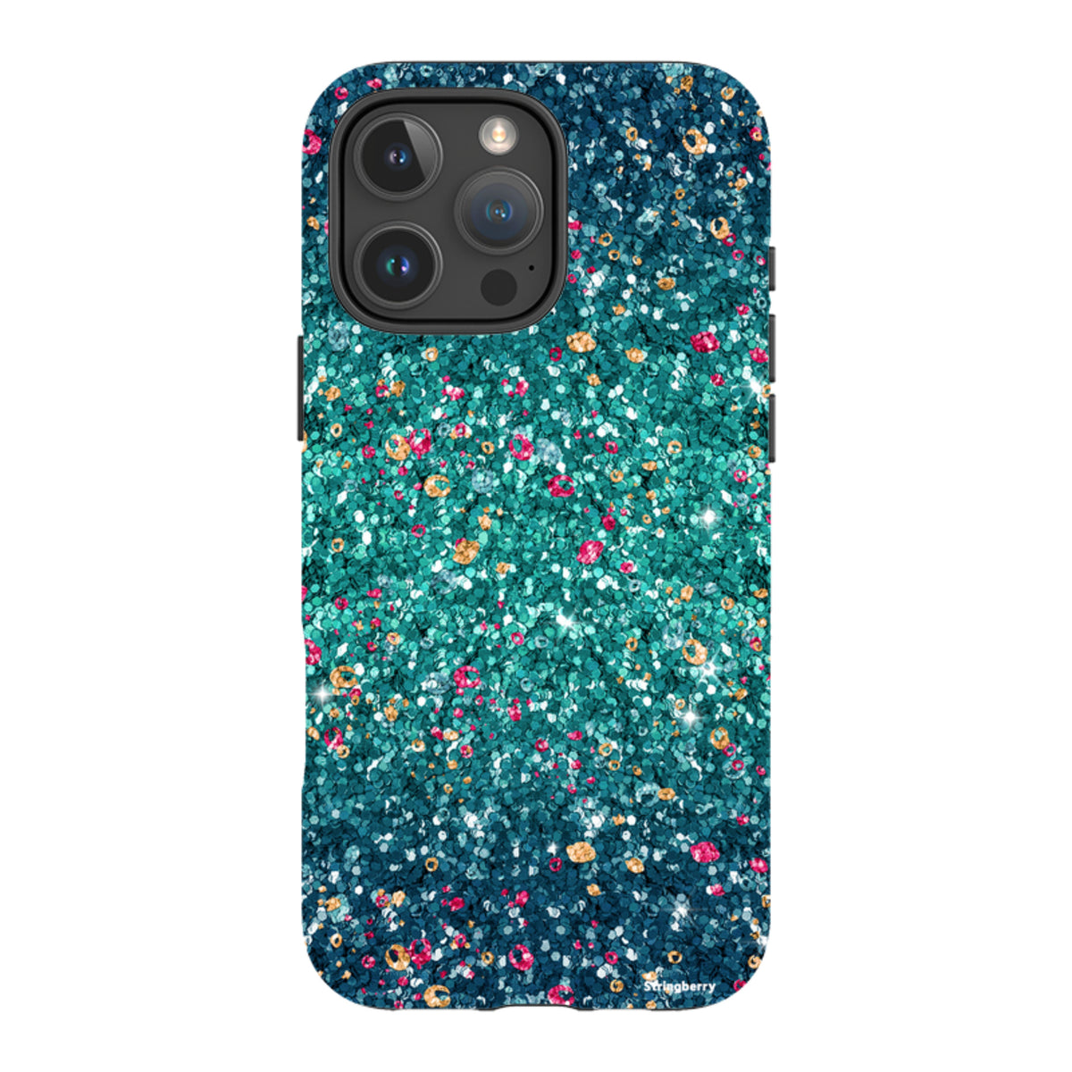 iPhone tough case with a teal and pink butterfly comet print on a durable dual-layer shell with a smooth finish.