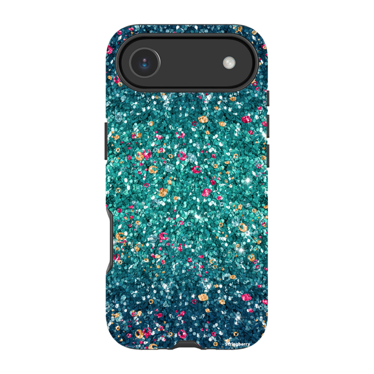 Dual-layer iPhone tough case with a teal and pink butterfly comet print featuring a flat, non-glitter finish.