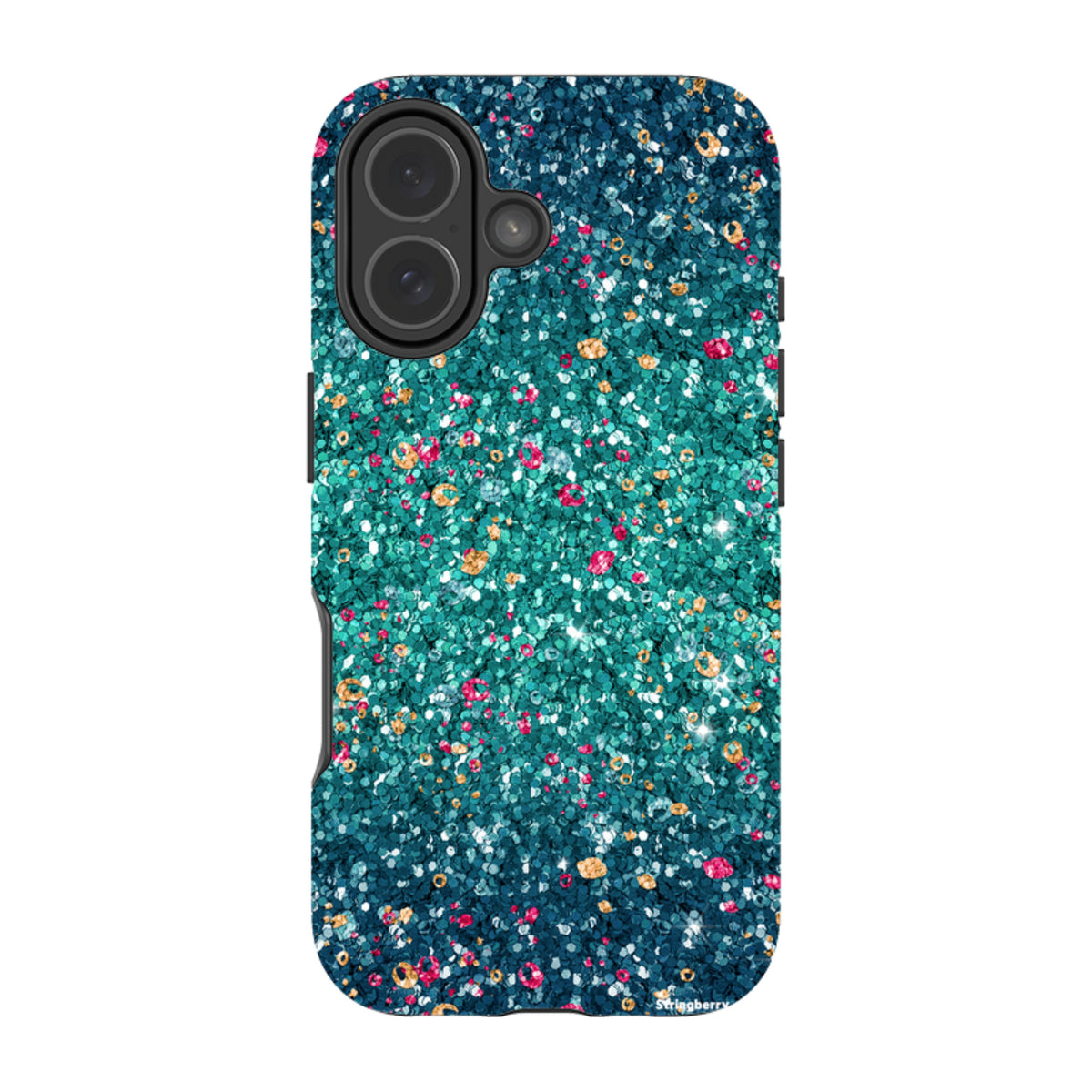 Dual-layer iPhone tough case featuring a teal and pink butterfly comet print with a smooth, non-glitter finish.