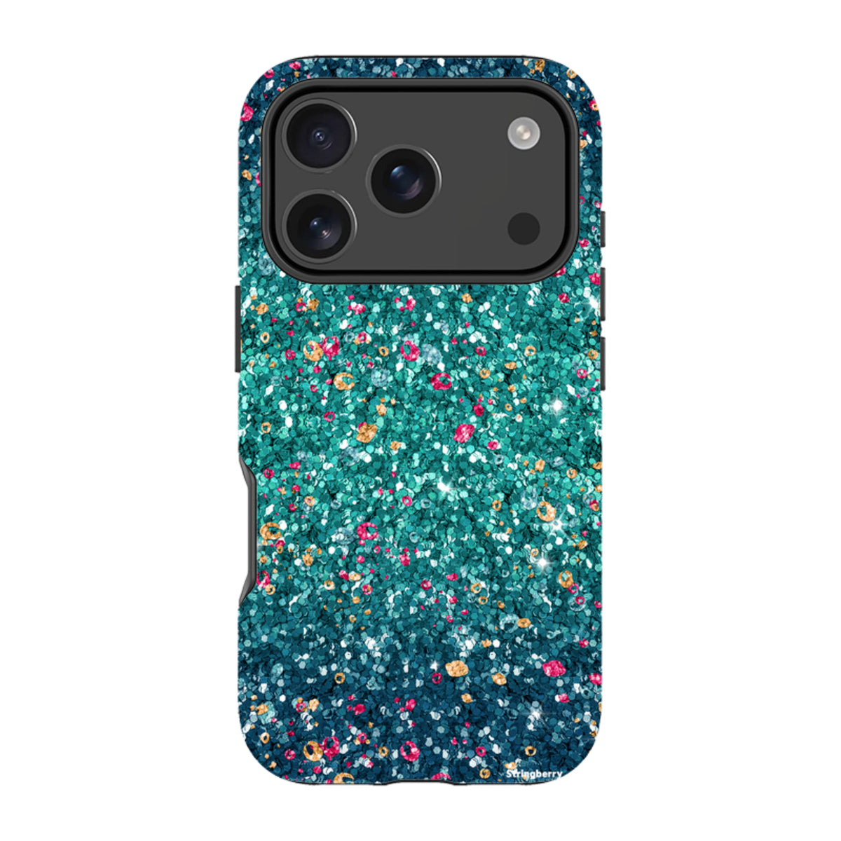 Dual-layer iPhone tough case with a teal and pink butterfly comet print on a smooth, non-glitter finish.
