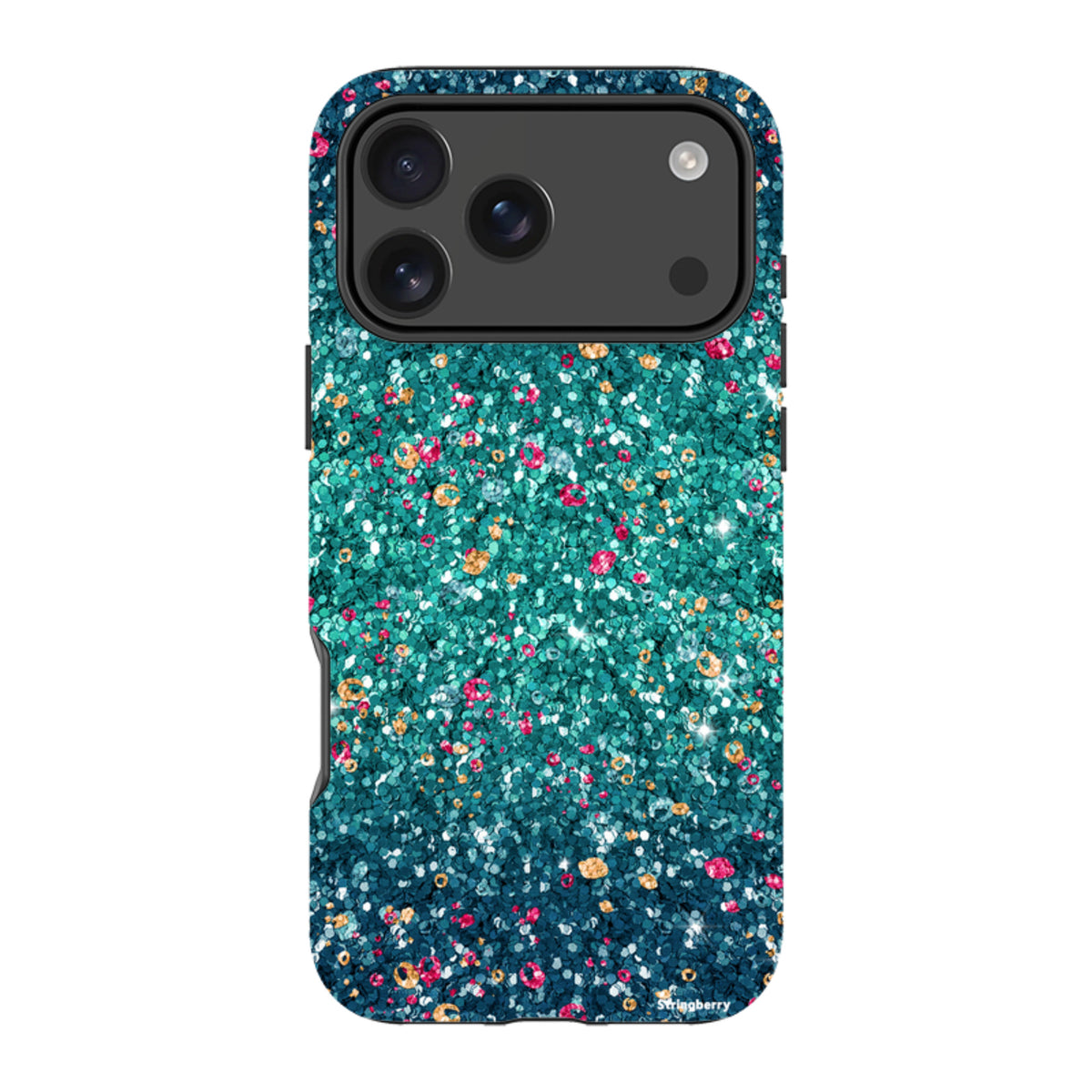 Dual-layer iPhone tough case with a teal and pink butterfly comet print featuring a smooth, non-glitter finish.