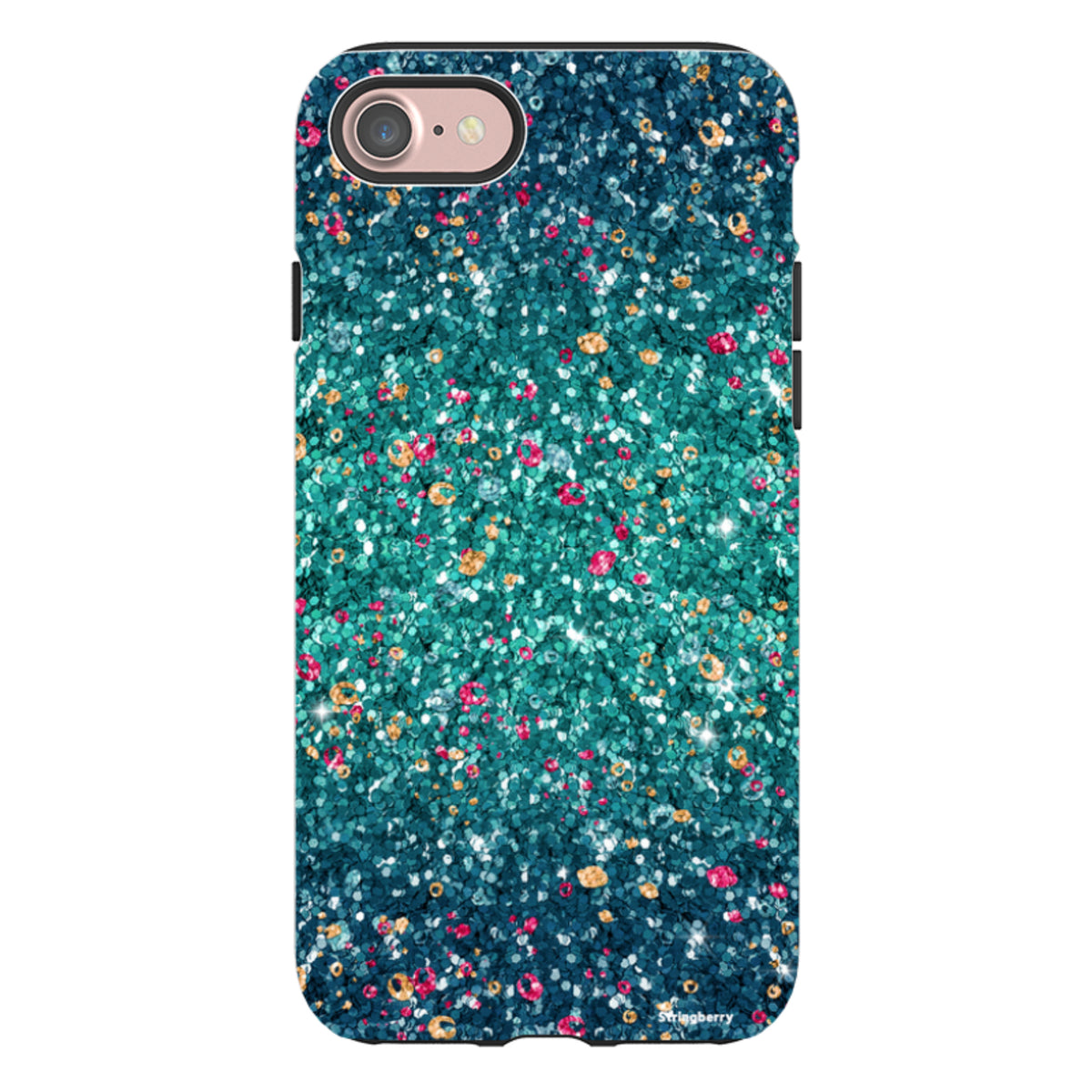 Dual-layer iPhone tough case featuring a teal and multicolored butterfly comet print with a smooth, non-glitter finish.