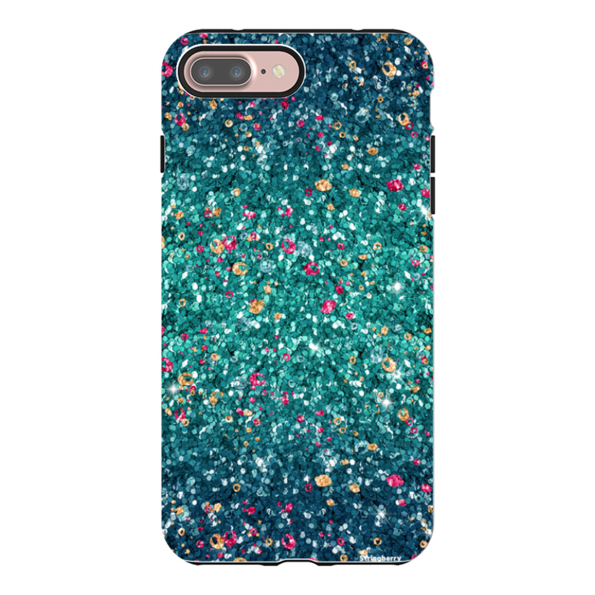 iPhone tough case featuring a teal and gold butterfly comet print with a smooth, non-glitter finish and dual-layer design.