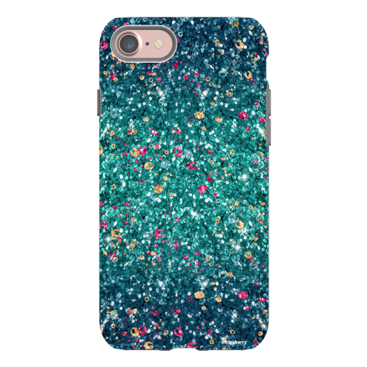 iPhone tough case with a teal and pink butterfly comet print featuring a non-glitter, high-definition dual-layer design.