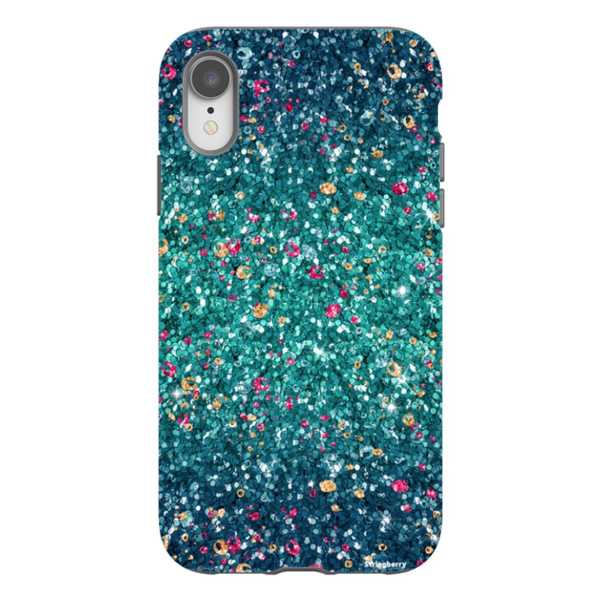 iPhone tough case with a teal and pink butterfly comet print featuring a non-glitter, high-definition dual-layer design.