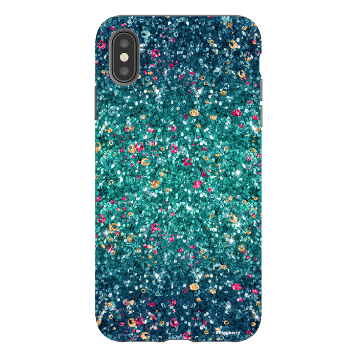 iPhone tough case with a teal and pink butterfly comet print, featuring a durable dual-layer design and smooth finish.