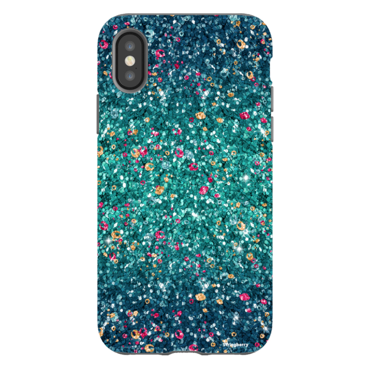 iPhone tough case with a teal and blue butterfly comet print featuring a non-glitter, high-definition dual-layer design.