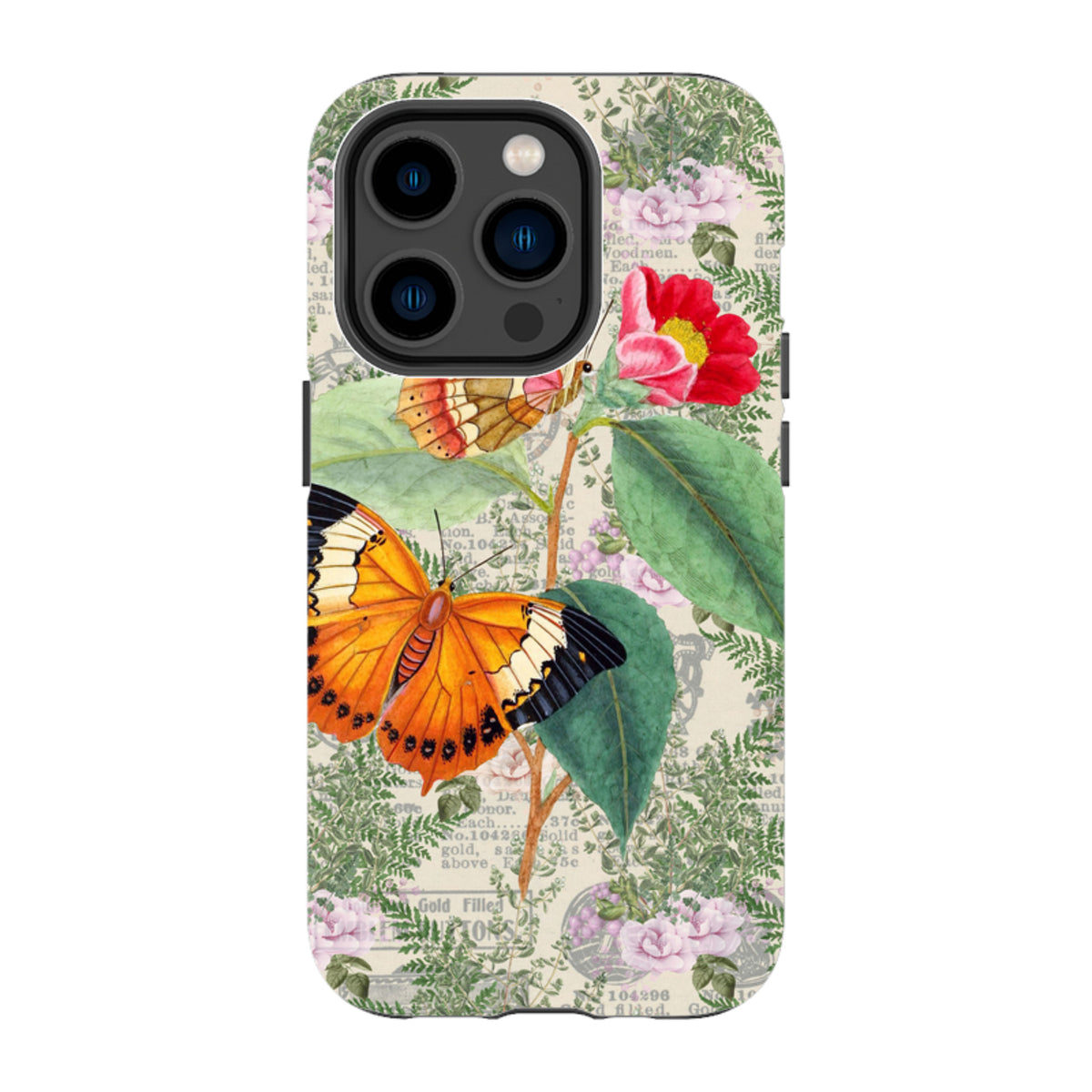 iPhone tough case featuring orange butterflies, red flowers, and vintage botanical text on a cream background.