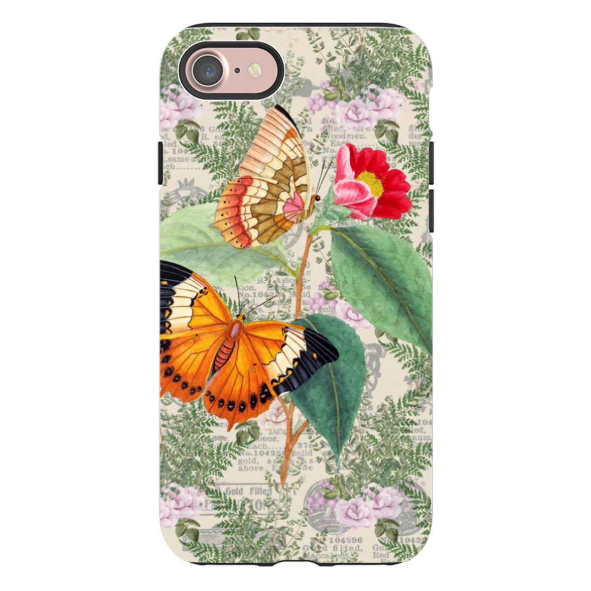 iPhone tough case with vintage butterfly and floral botanical art on a cream background with a black protective liner.