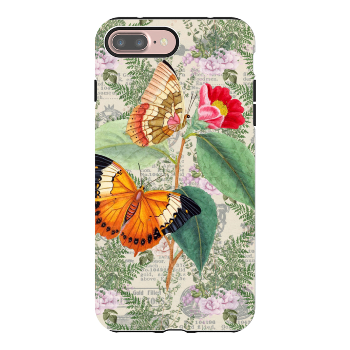 iPhone tough case featuring orange butterflies, red flowers, and vintage botanical script on a cream background.