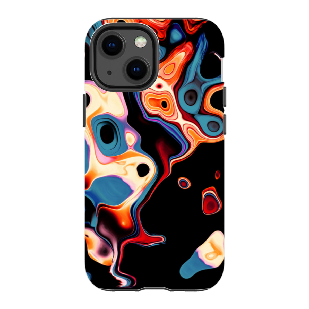 Butterscotch iPhone tough case featuring a vibrant, high-definition abstract liquid swirl design on a dual-layer shell.