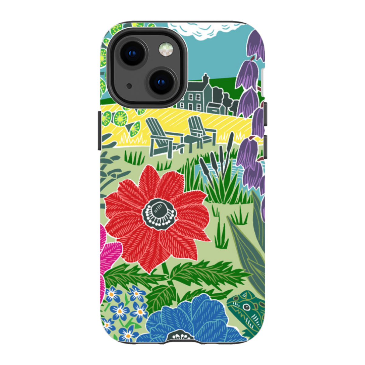 iPhone Tough Case featuring Kate Heiss’s Camassias floral garden art with vibrant red, blue, and purple botanical prints.