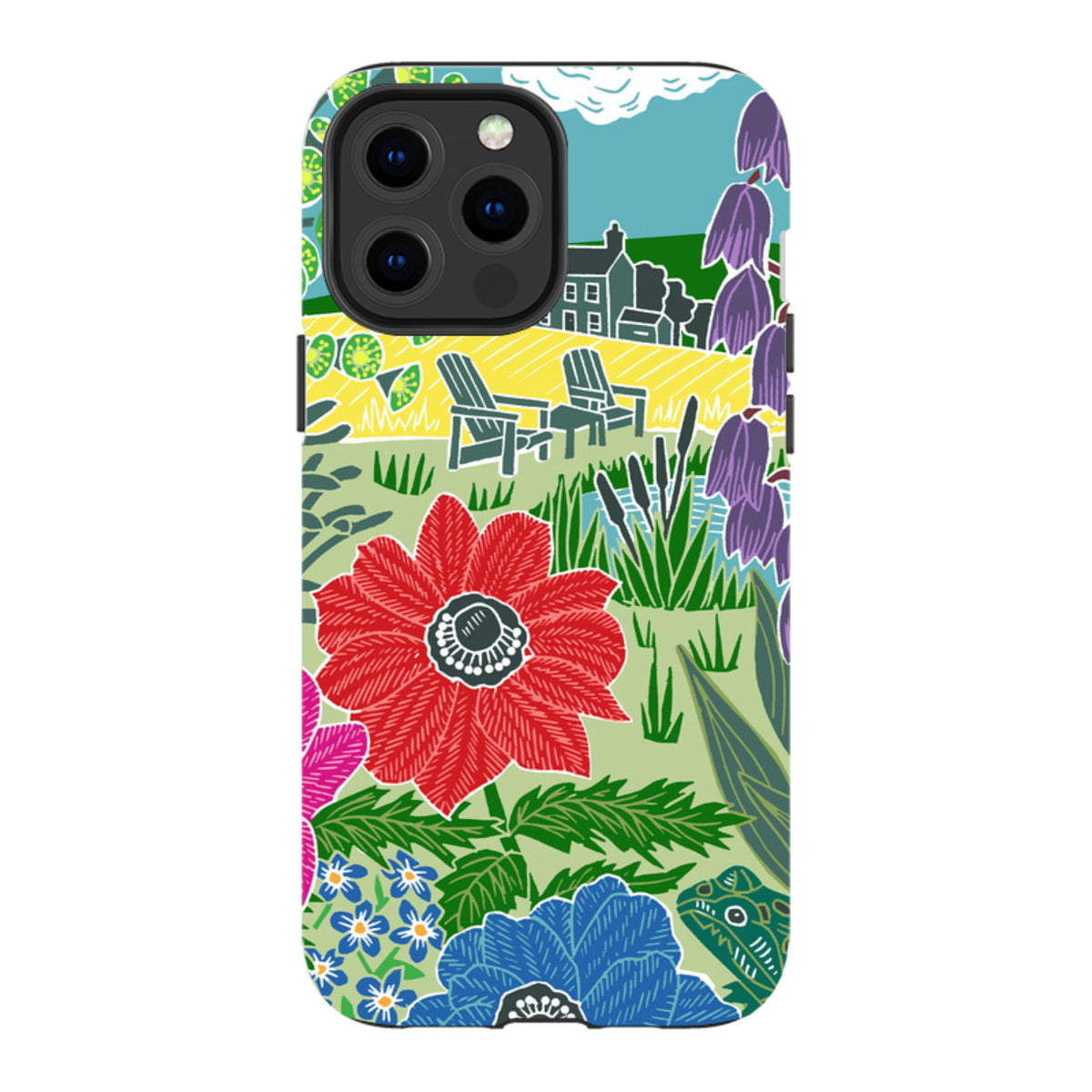 iPhone tough case featuring Kate Heiss Camassias floral art with vibrant red and blue flowers in a dual-layer design.