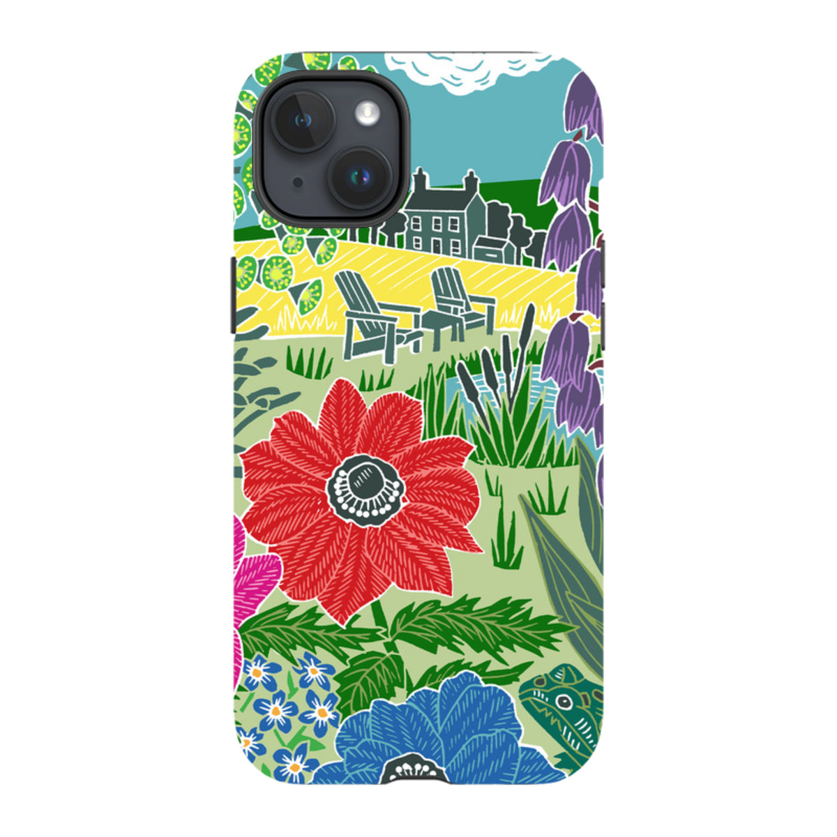iPhone tough case featuring Kate Heiss’s colorful Camassias floral landscape print with a dual-layer protective design.
