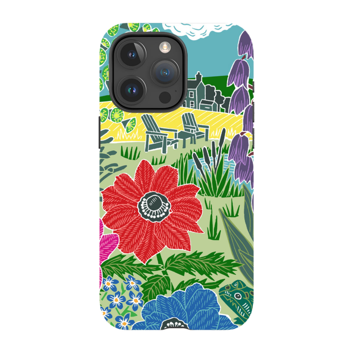 iPhone tough case featuring Kate Heiss Camassias floral art with vibrant red and blue flowers in a garden landscape.