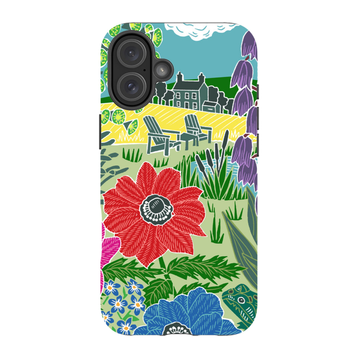 iPhone tough case featuring Kate Heiss's colorful Camassias floral garden art with a dual-layer protective design.