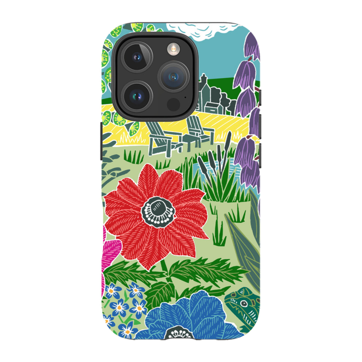 iPhone tough case featuring Kate Heiss Camassias floral art with vibrant red, blue, and purple flowers on a green field.
