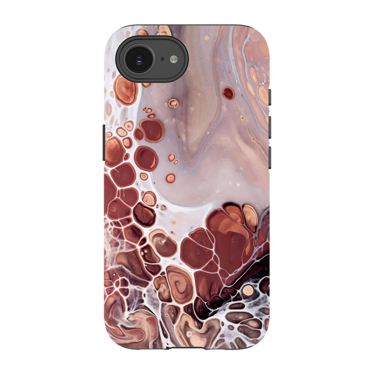 iPhone Tough Case with a marbled, fluid art design in shades of brown, cream, and white with a protective dual-layer shell.