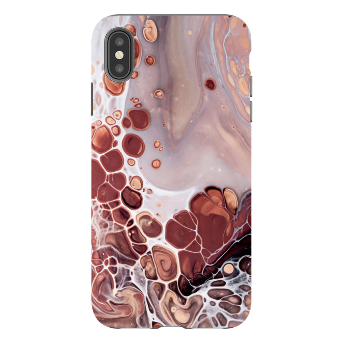 iPhone Tough Case in Cape Cod design featuring a dual-layer build with a brown and white marbled fluid art pattern.
