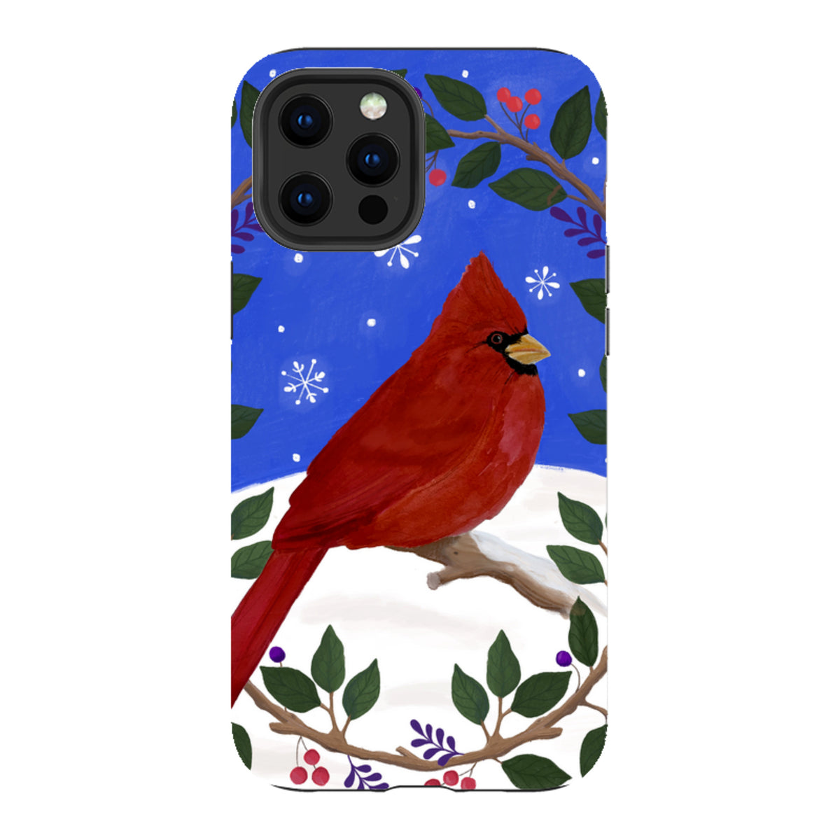 iPhone tough case featuring a red cardinal bird on a snowy branch surrounded by a festive winter wreath design.