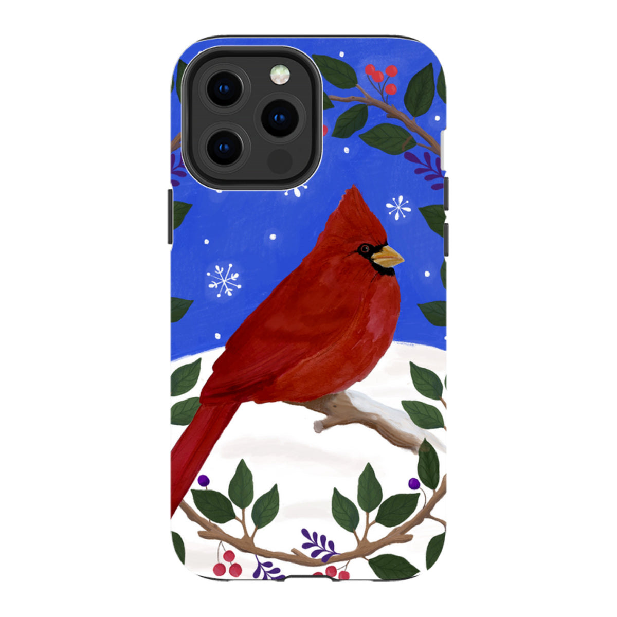 iPhone tough case featuring a red cardinal bird in a winter wreath on a blue background with snow and green leaves.