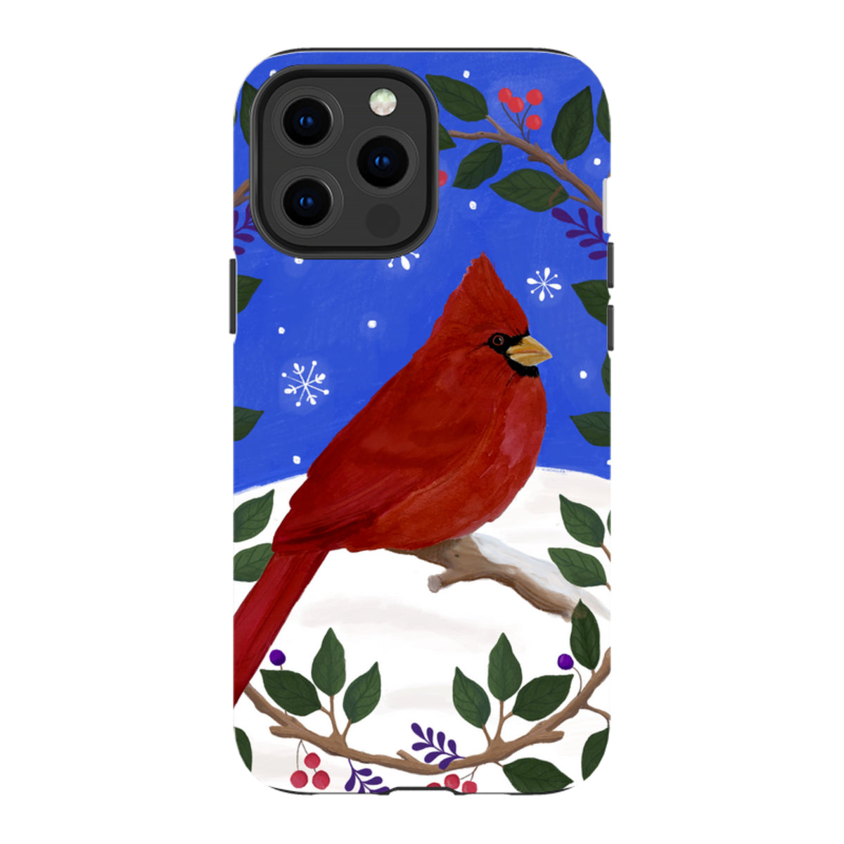 iPhone tough case featuring a red cardinal on a snowy branch, framed by a festive wreath against a blue winter background.