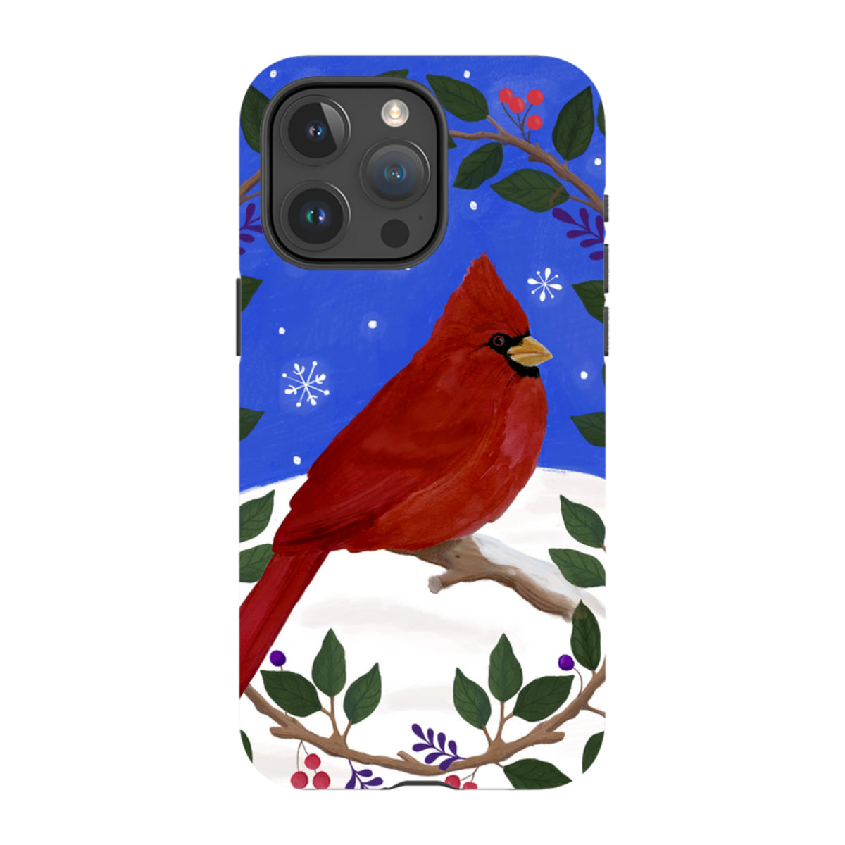 iPhone tough case featuring a red cardinal bird in a winter wreath design against a blue snowy background.