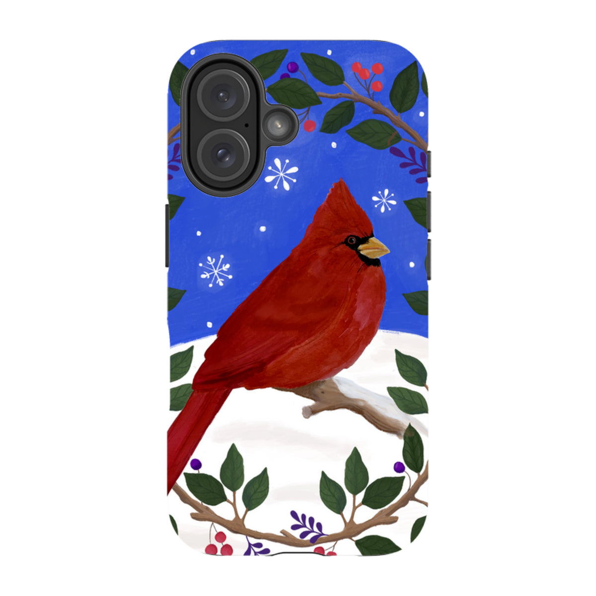 iPhone tough case featuring a red cardinal on a snowy branch with a blue winter wreath design and dual-layer protection.