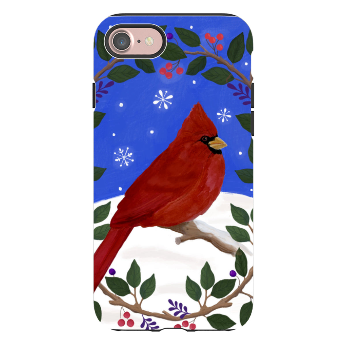 iPhone tough case featuring a red cardinal bird on a snowy branch surrounded by a festive winter wreath.