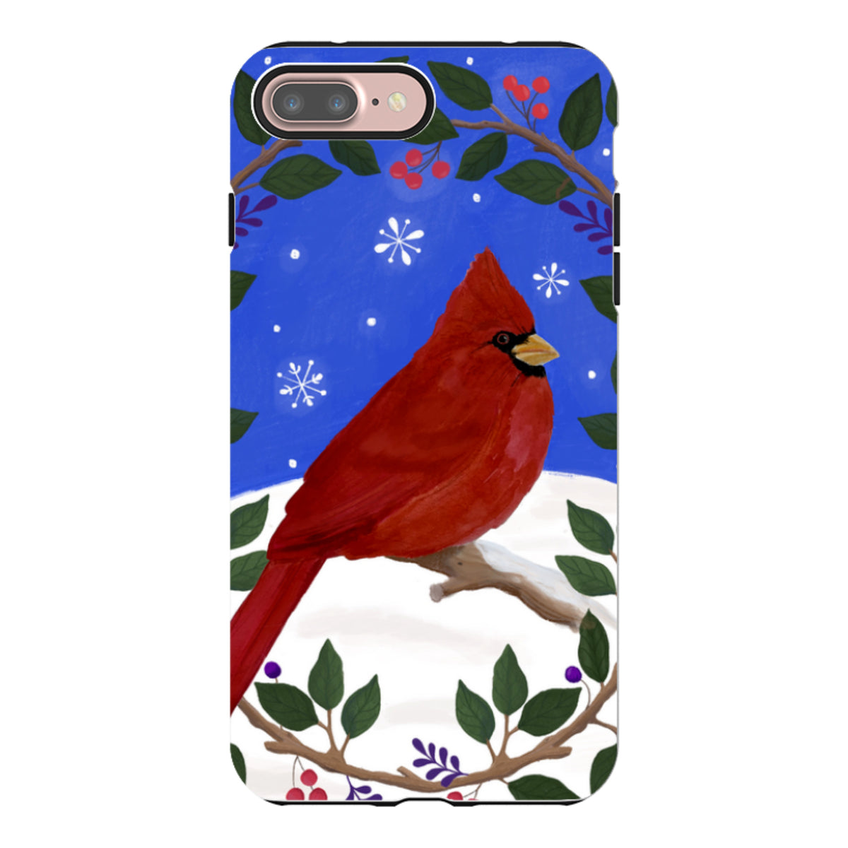 iPhone tough case featuring a red cardinal bird in a winter wreath design on a blue background with snowy accents.