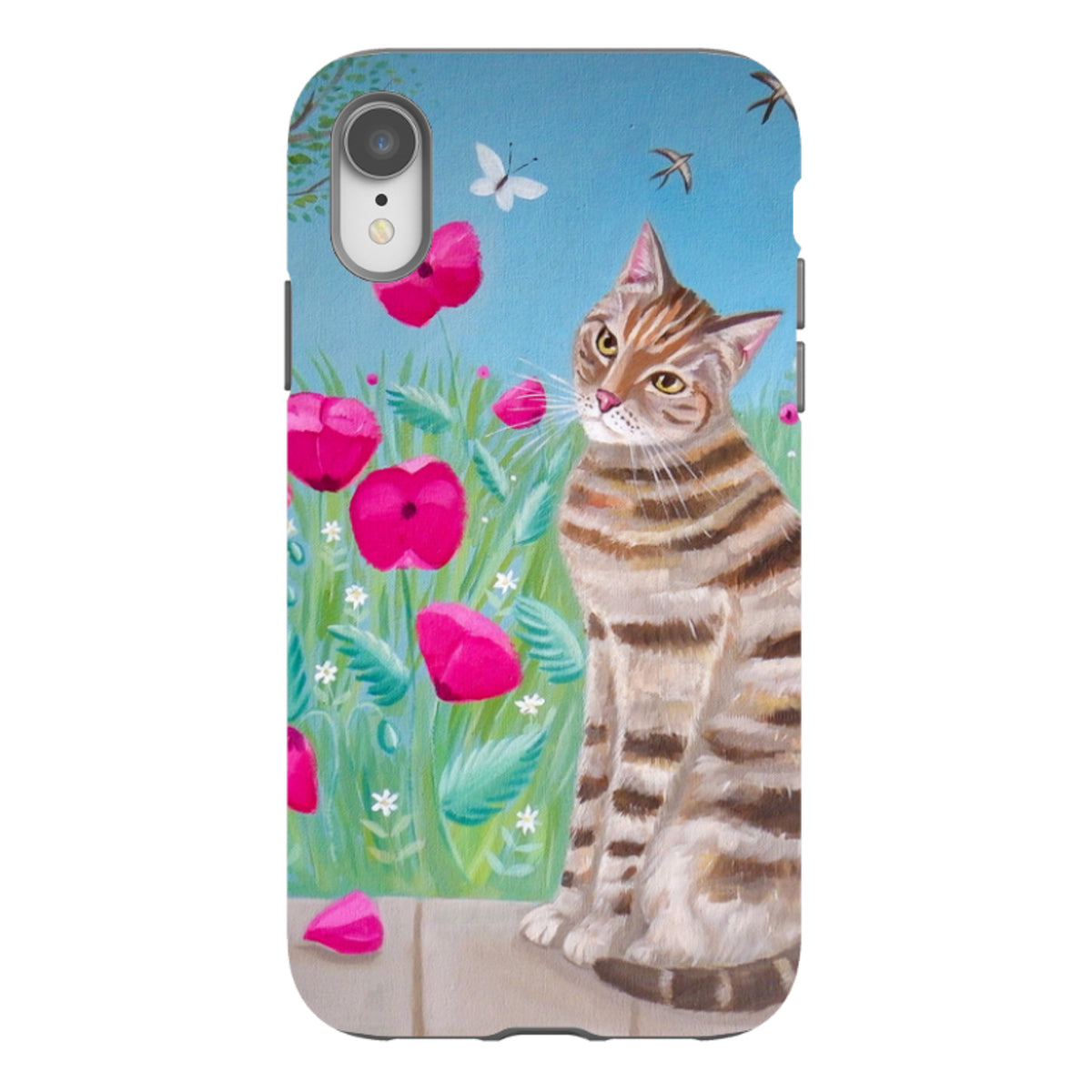 iPhone tough case featuring a tabby cat sitting in a field of bright pink poppies against a blue sky.