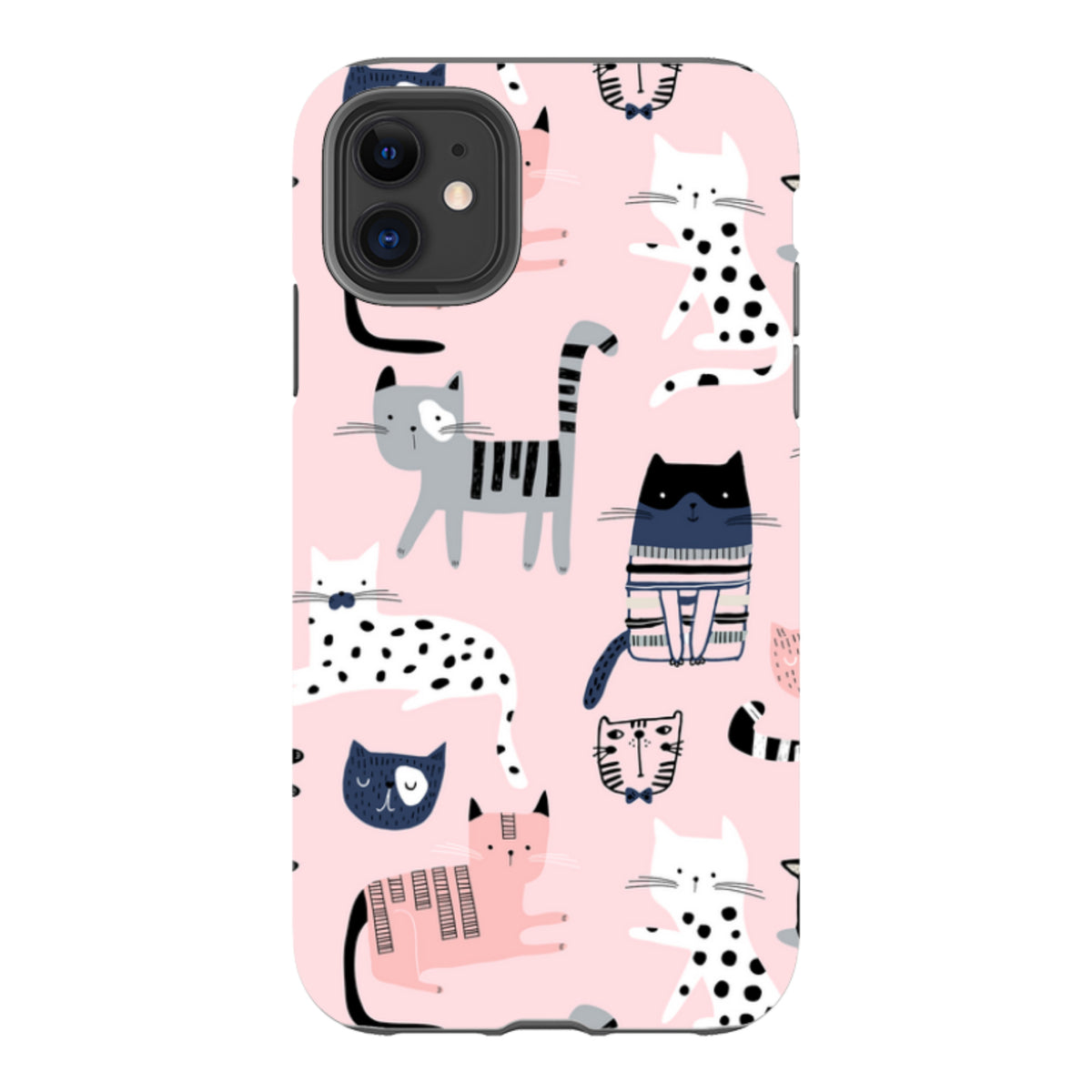 iPhone tough case with a playful pink background featuring a repeating pattern of whimsical, illustrated cats.
