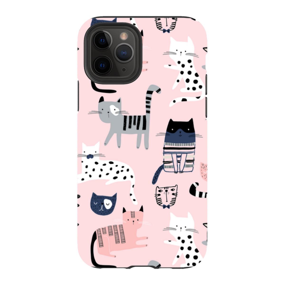 iPhone tough case featuring a cute pink background with a playful, multi-colored cat pattern and dual-layer protection.