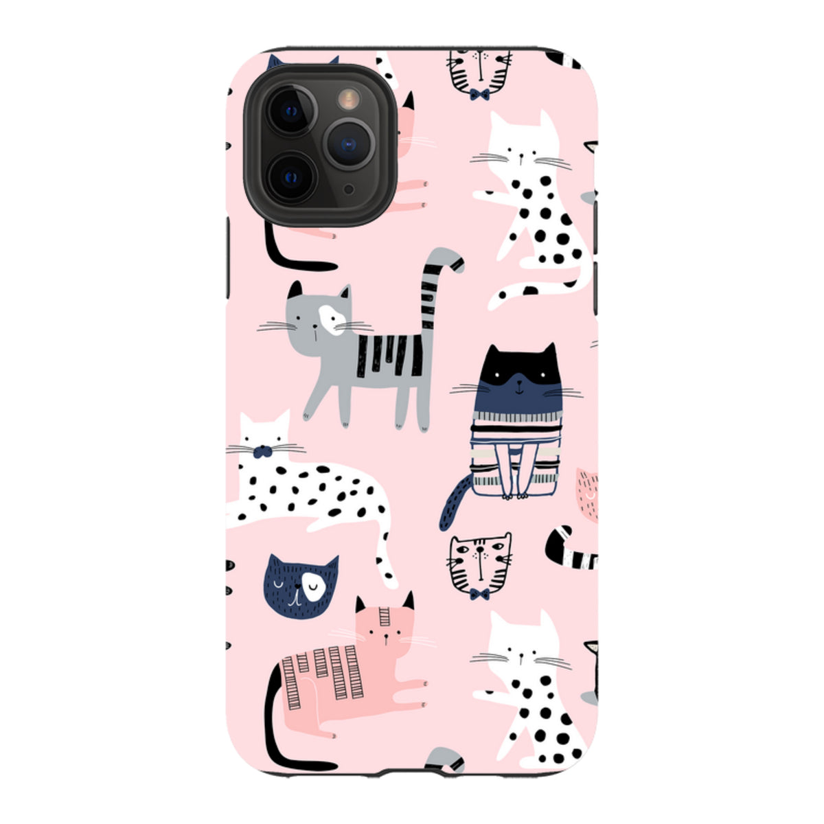 iPhone tough case with a playful pink background featuring a repeating pattern of colorful, illustrated cats.